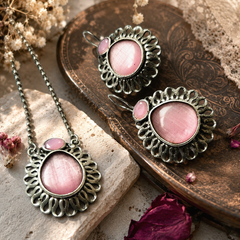 The Mirage Fashion Pink Stone Pendant Necklace Set – Vintage Silver-Tone Statement Jewelry Set with Matching Earrings for Women