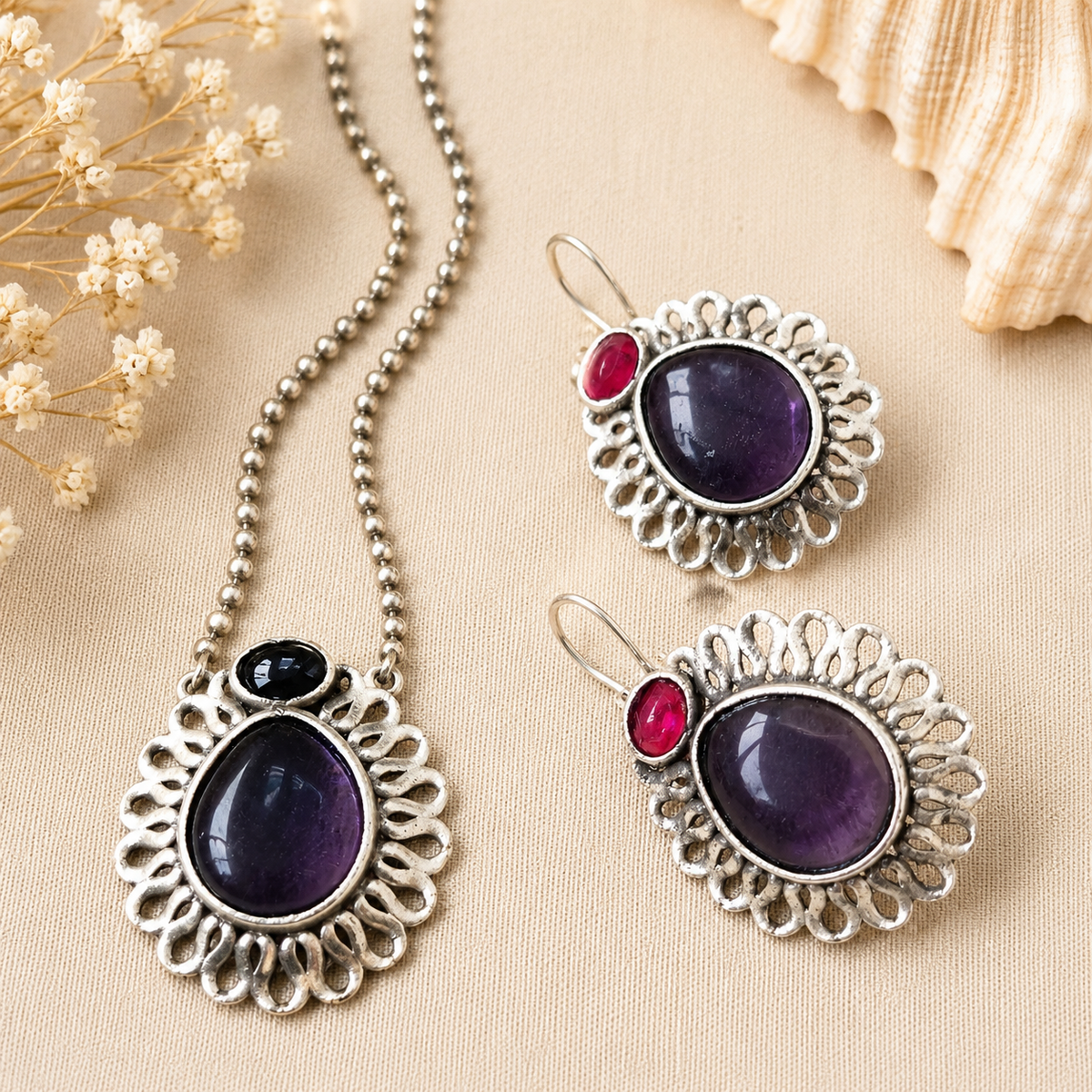 The Mirage Fashion Purple Stone Pendant Necklace Set – Vintage Silver-Tone Statement Jewelry Set with Matching Earrings