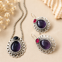 The Mirage Fashion Purple Stone Pendant Necklace Set – Vintage Silver-Tone Statement Jewelry Set with Matching Earrings