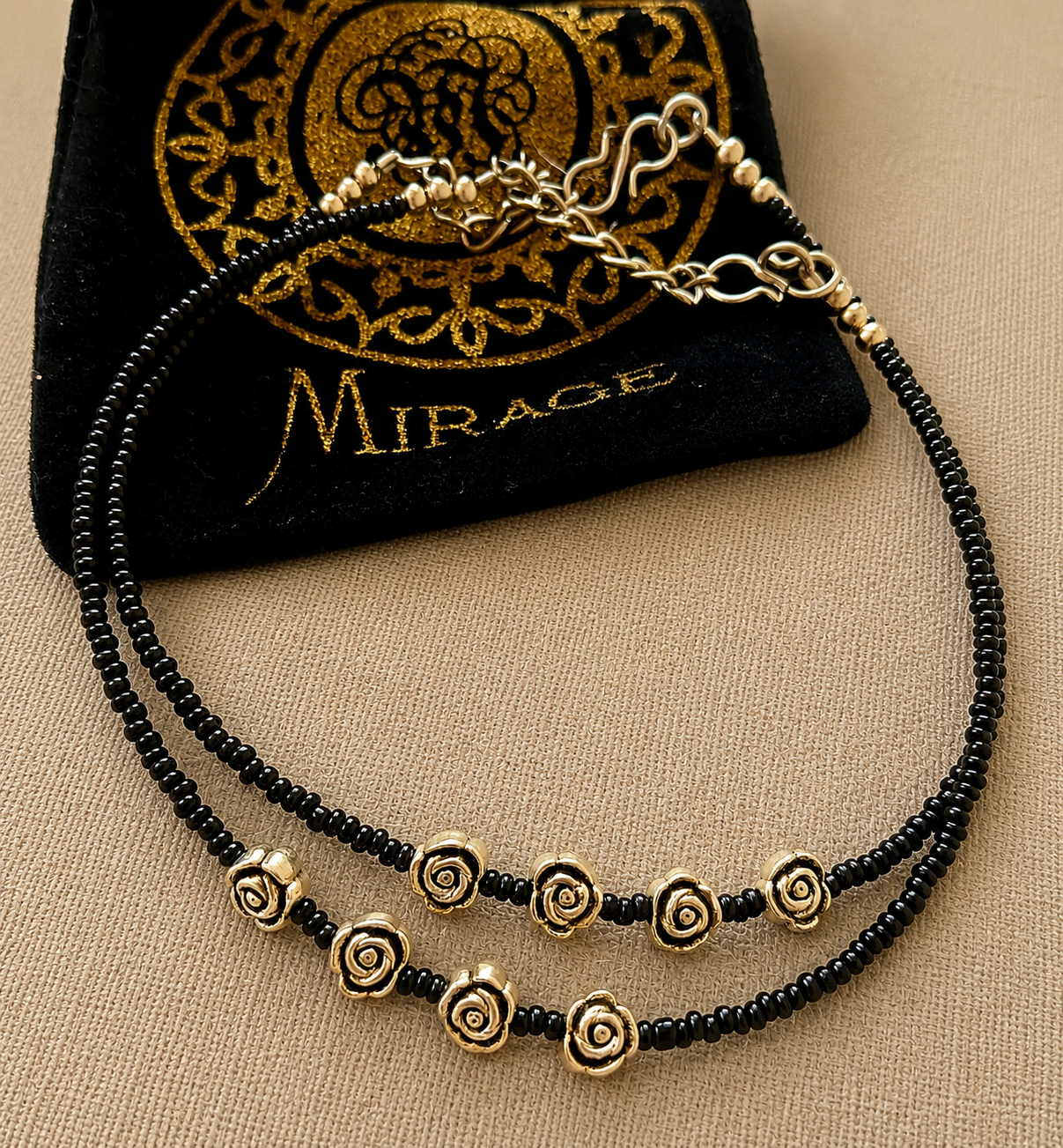 The Mirage Fashion Rose Charm Black Beaded Anklet – Gold Tone Floral Double Layer Payal for Women