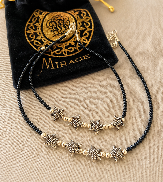 The Mirage Fashion Star Charm Black Beaded Anklet – Gold Tone Double Layer Boho Payal for Women
