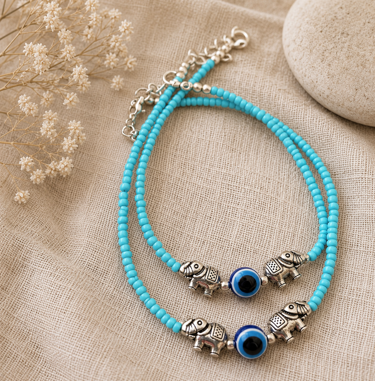 The Mirage Fashion Turquoise Beaded Evil Eye Elephant Anklet Pair – Boho Charm Anklets for Women