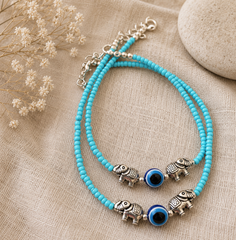 The Mirage Fashion Turquoise Beaded Evil Eye Elephant Anklet Pair – Boho Charm Anklets for Women