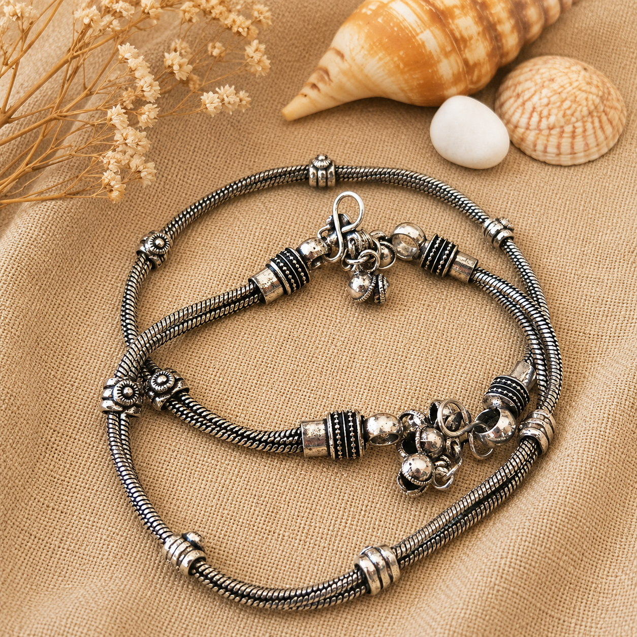 The Mirage Fashion Vintage Silver-Tone Tribal Anklet Pair – Oxidized Boho Payal for Women