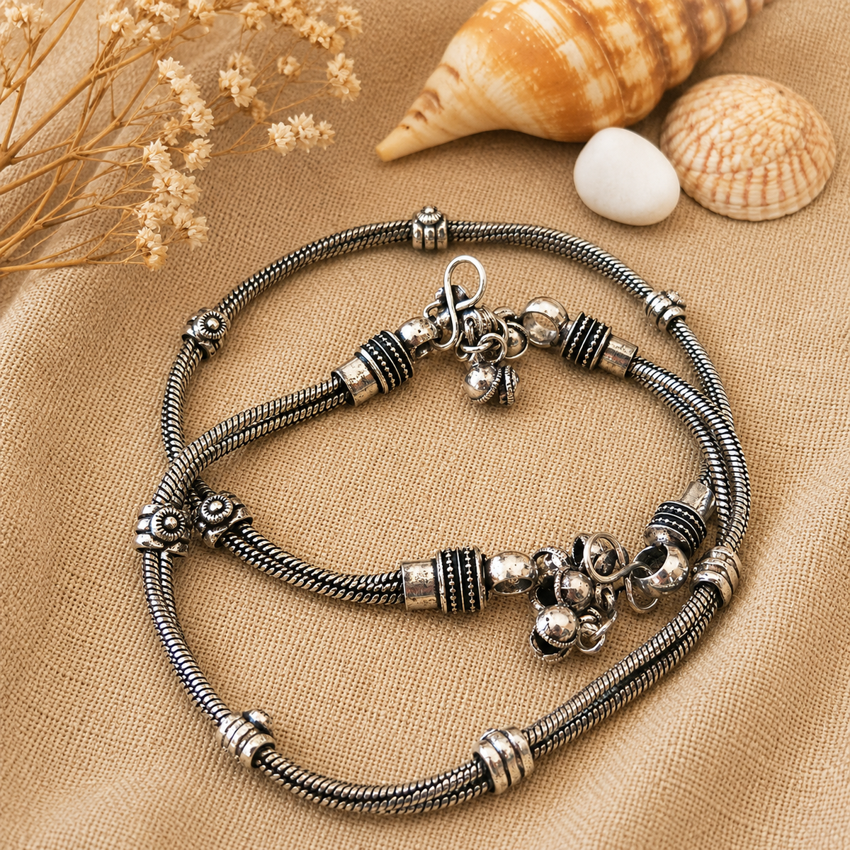 The Mirage Fashion Vintage Silver-Tone Tribal Anklet Pair – Oxidized Boho Payal for Women