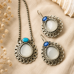 The Mirage Fashion White Stone & Blue Accent Pendant Necklace Set – Vintage Silver-Tone Statement Jewelry Set with Matching Earrings