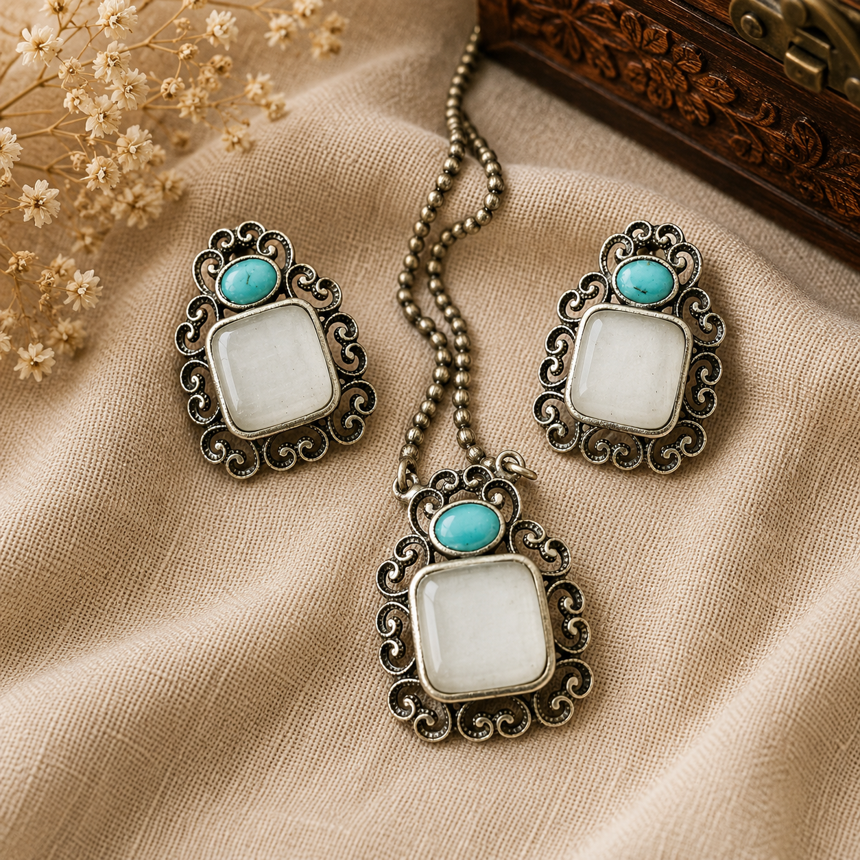 The Mirage Fashion White Stone & Turquoise Pendant Set – Vintage Silver-Tone Necklace and Earrings Set for Women | Ethnic & Contemporary Jewelry