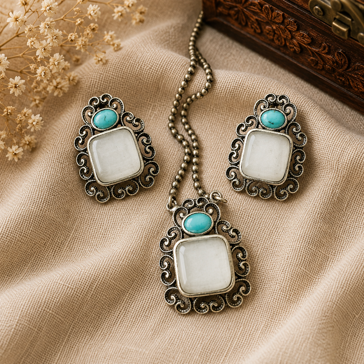 The Mirage Fashion White Stone & Turquoise Pendant Set – Vintage Silver-Tone Necklace and Earrings Set for Women | Ethnic & Contemporary Jewelry
