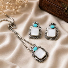 The Mirage Fashion White Stone & Turquoise Pendant Set – Vintage Silver-Tone Necklace and Earrings Set for Women | Ethnic & Contemporary Jewelry