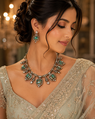 Traditional Emerald Green Oxidised Necklace Set for Women | Antique Ethnic Statement Jewelry – The Mirage Fashion