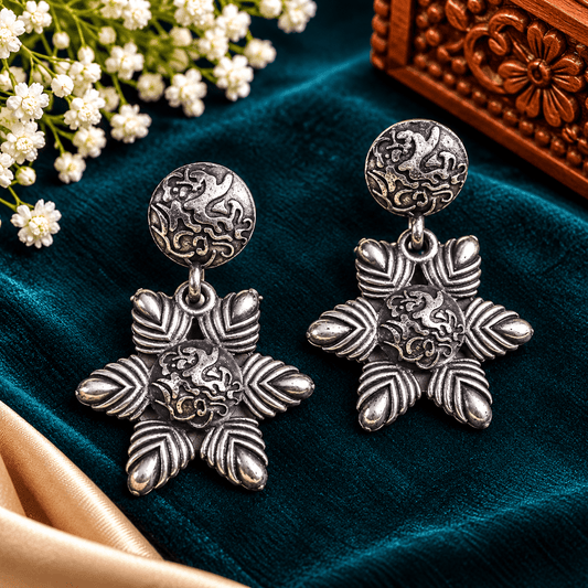 Tribal Bloom Oxidized Silver Statement Earrings for Women | The Mirage Fashion