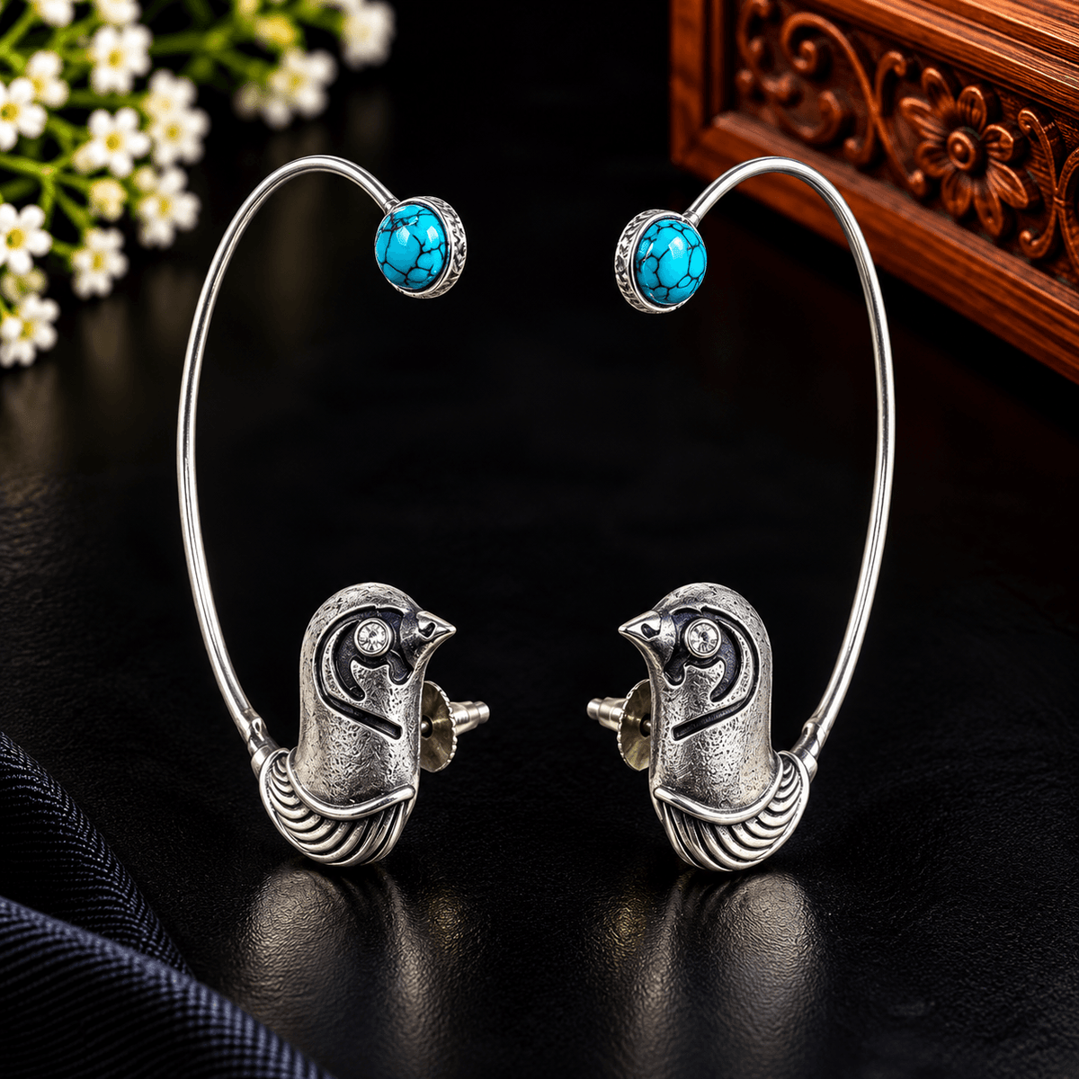 Turquoise blue bird motif oxidized silver-tone ear cuff earrings with curved metal design