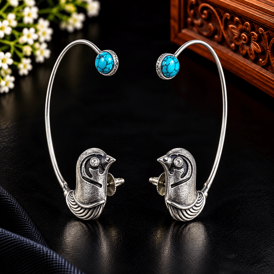 Turquoise blue bird motif oxidized silver-tone ear cuff earrings with curved metal design