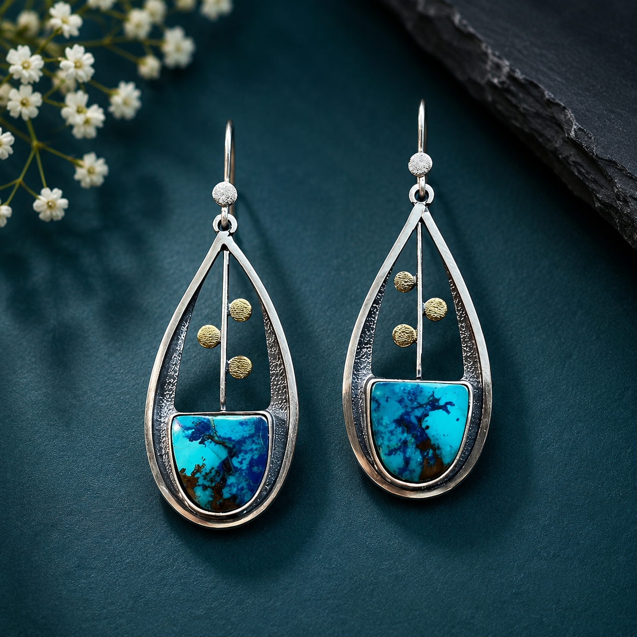 Turquoise Stone Silver Drop Earrings for Women 