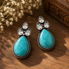 Turquoise Stone Statement Earrings for Women – Oxidised Silver Teardrop Earrings with Crystal Accents | Boho Ethnic Designer Jewelry | The Mirage Fashion