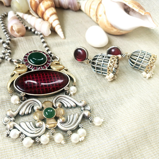 Mirage -  Traditional  Handcrafted Silver Necklace Set with Green Floral Glass Stones and Pearl Accents