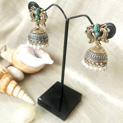 Mirage -  Ethnic Silver-Gold  Dual tone Necklace Set with Turquoise Stones and Pearls  with beautiful Jumki style earrings