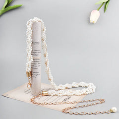 Women’s Beaded Chain Belt – Fashionable Gold Waist Chain with Faux Pearls