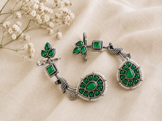 Verdant Peacock Oxidized Silver Drop Ear Cuff Earrings for Women | Green Stone & Pearl Statement Ethnic Jewelry | The Mirage Fashion