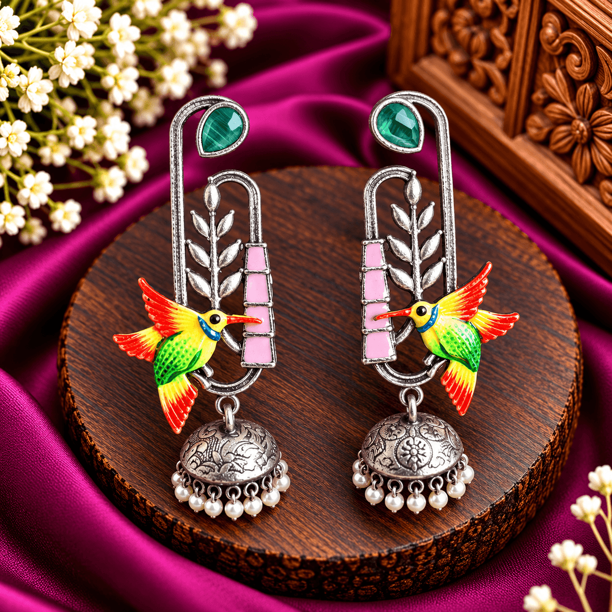 Multicolour hummingbird oxidized jhumka earrings with engraved silver-tone domes and pearl-style danglers