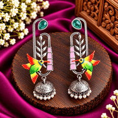 Multicolour hummingbird oxidized jhumka earrings with engraved silver-tone domes and pearl-style danglers