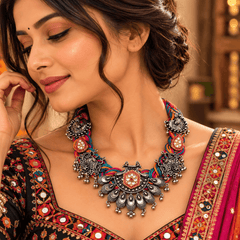 Multicolour Braided Dori Necklace with Fan-Shaped Oxidized Tribal Pendant & Red Stone Accents | The Mirage Fashion