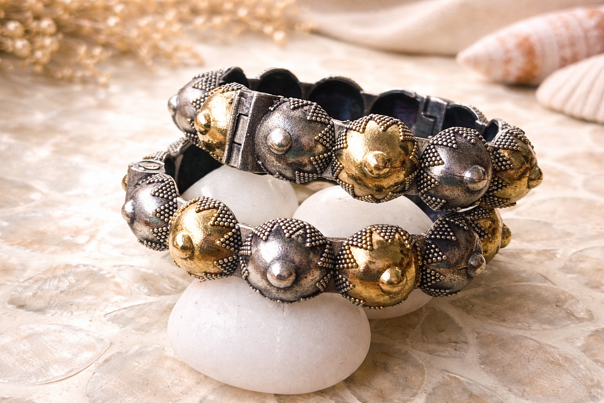 Vintage Oxidized Silver & Gold dual tone Dome Bangles for Women