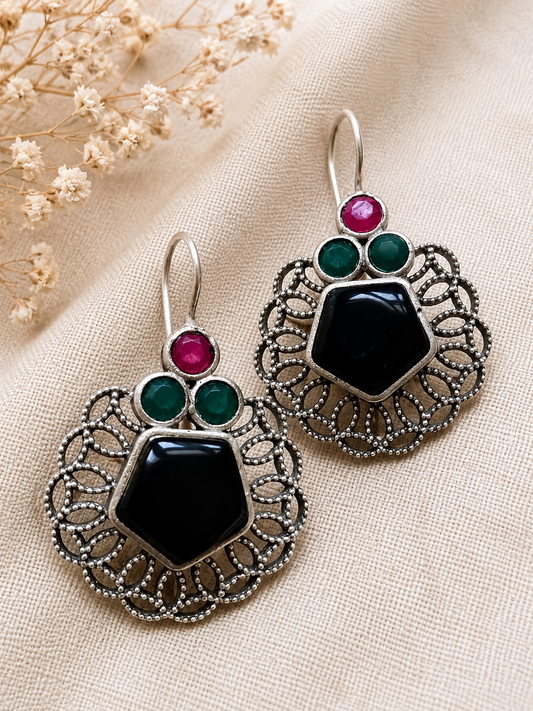 Mirage  -  Vintage Boho Statement Earrings for Women | Oxidized Silver Floral Drop Earrings | Multicolor Stone Earrings