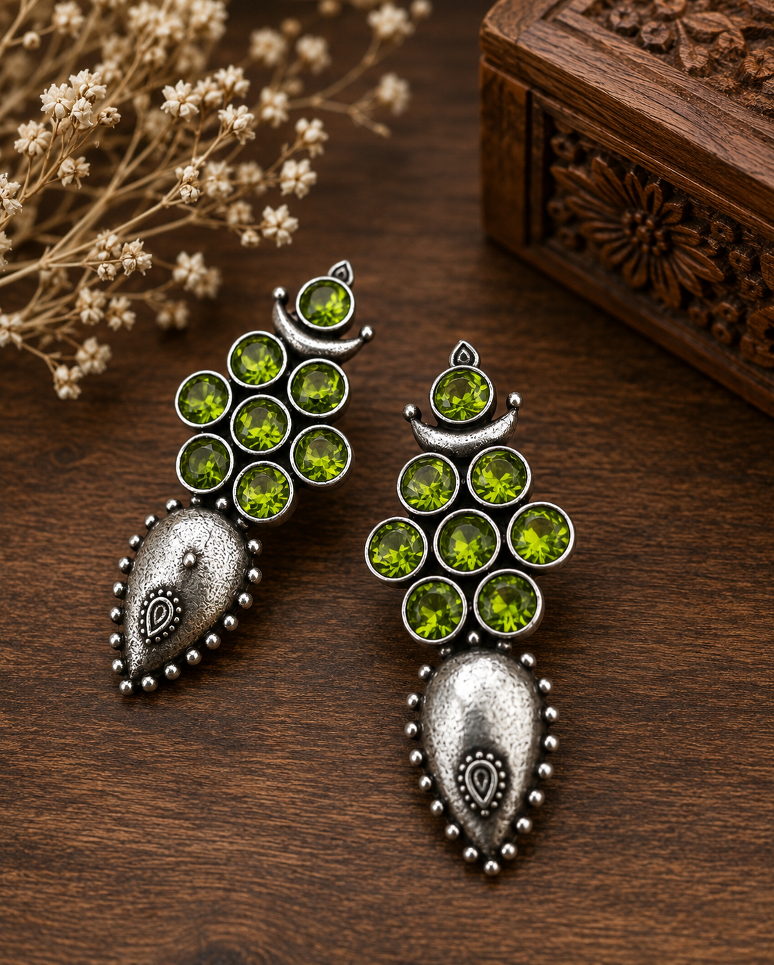 Vintage Green Crystal Statement Earrings for Women – Antique Silver Ethnic Drop Earrings  Party & Festive Jewelry  The Mirage Fashion  - Green