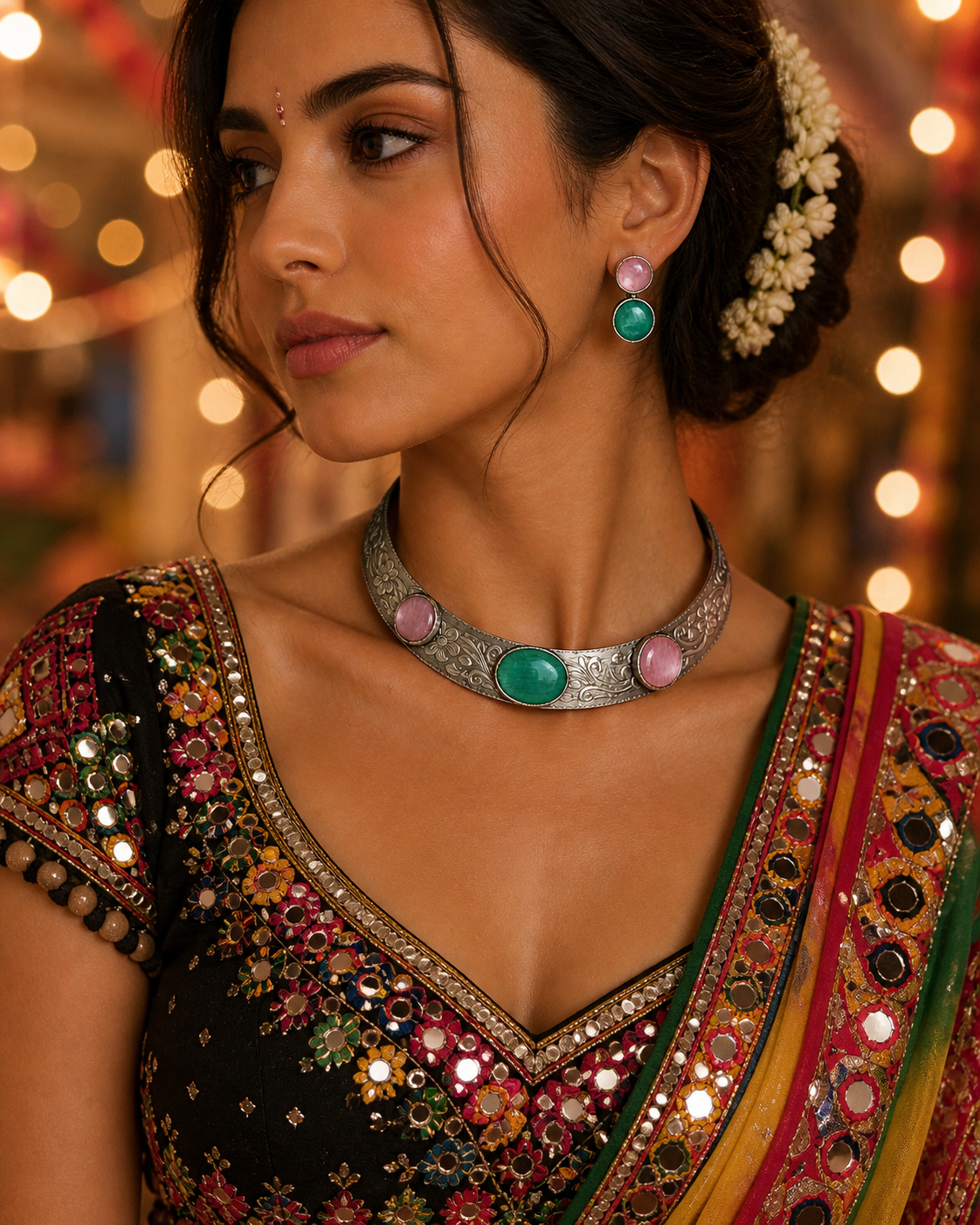 Vintage Oxidised Choker Necklace Set with Pink & Green Stones | Boho Statement Jewelry for Women | Hasli  