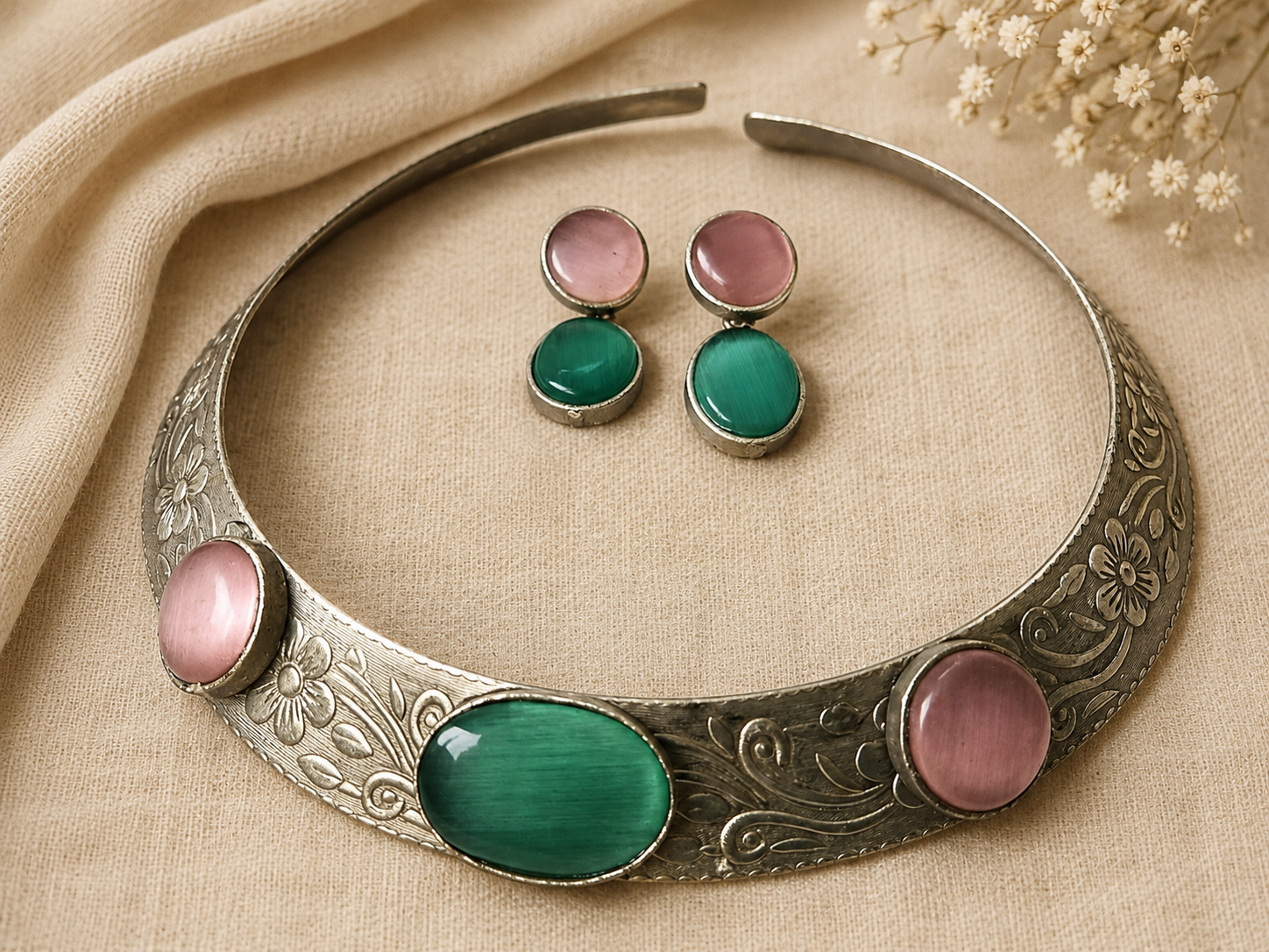 Vintage Oxidised Choker Necklace Set with Pink & Green Stones | Boho Statement Jewelry for Women - hassle - 