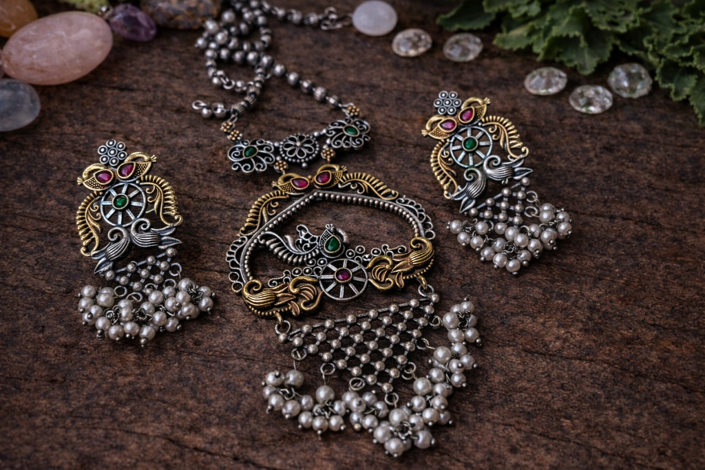Vintage Oxidized Peacock Necklace Set with Pearls | Statement Ethnic Jewelry – The Mirage Fashion