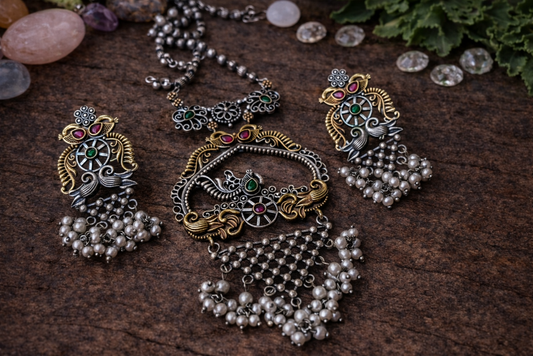 Vintage Oxidized Peacock Necklace Set with Pearls | Statement Ethnic Jewelry – The Mirage Fashion