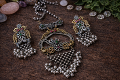 Vintage Oxidized Peacock Necklace Set with Pearls | Statement Ethnic Jewelry – The Mirage Fashion
