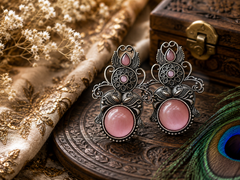 Vintage Oxidized Silver Statement Earrings for Women – Floral Filigree Stone Earrings | Ethnic & Boho Jewelry | The Mirage Fashion - Pink 