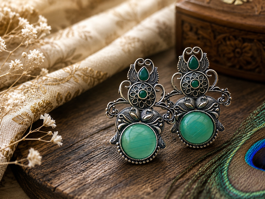 Vintage Oxidized Silver Statement Earrings for Women – Floral Filigree Stone Earrings | Ethnic & Boho Jewelry | The Mirage Fashion  - green 