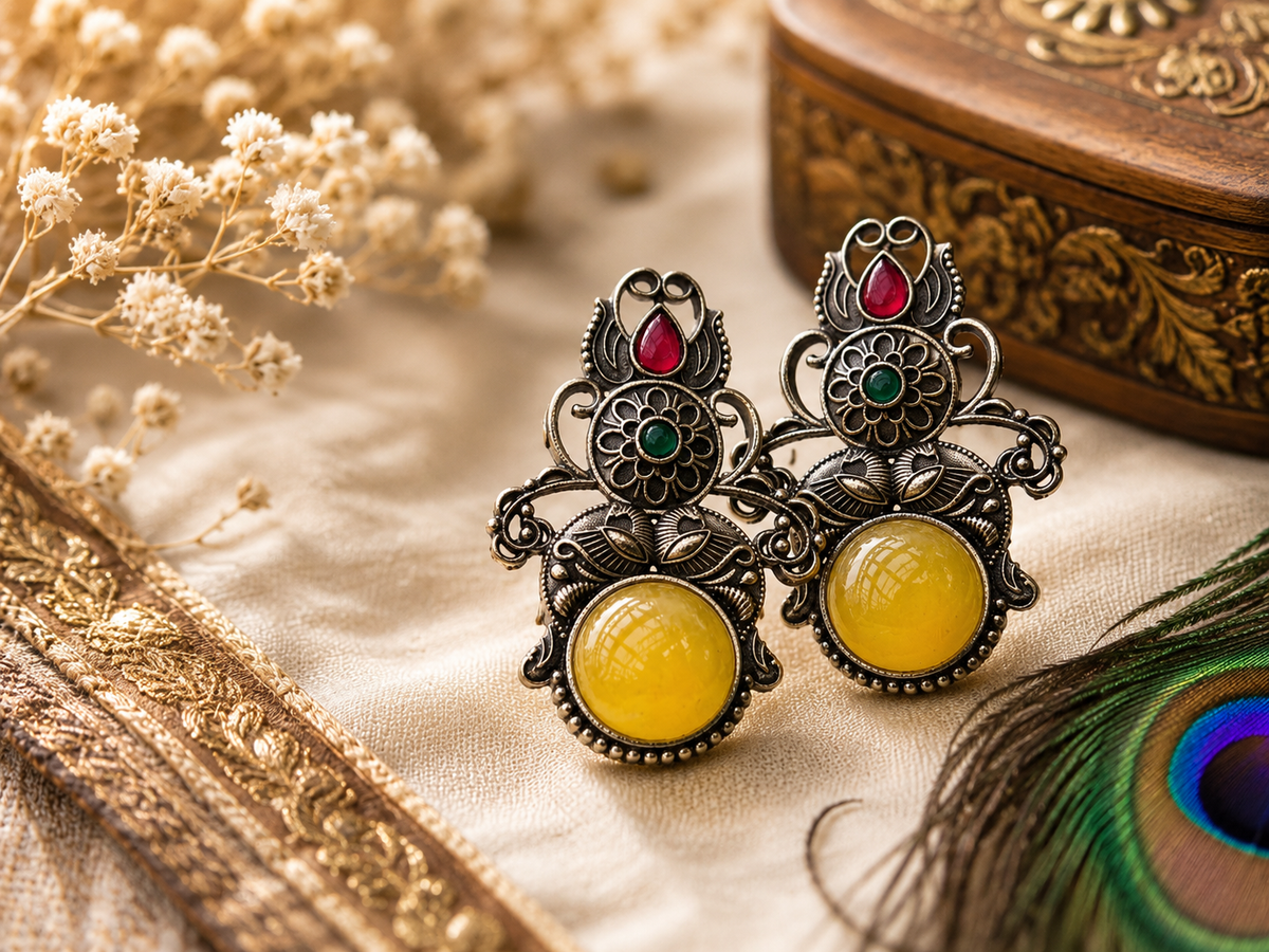 Vintage Oxidized Silver Statement Earrings for Women – Floral Filigree Stone Earrings | Ethnic & Boho Jewelry | The Mirage Fashion - yellow 