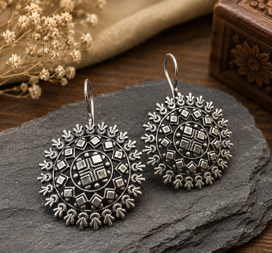 Vintage Tribal Oxidized Silver Round Earrings – Bohemian Circular Statement Earrings for Women | Traditional Ethnic Jewelry | The Mirage Fashion