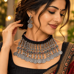 Traditional Oxidized Silver Tribal Choker Necklace Set with Earrings | The Mirage Fashion