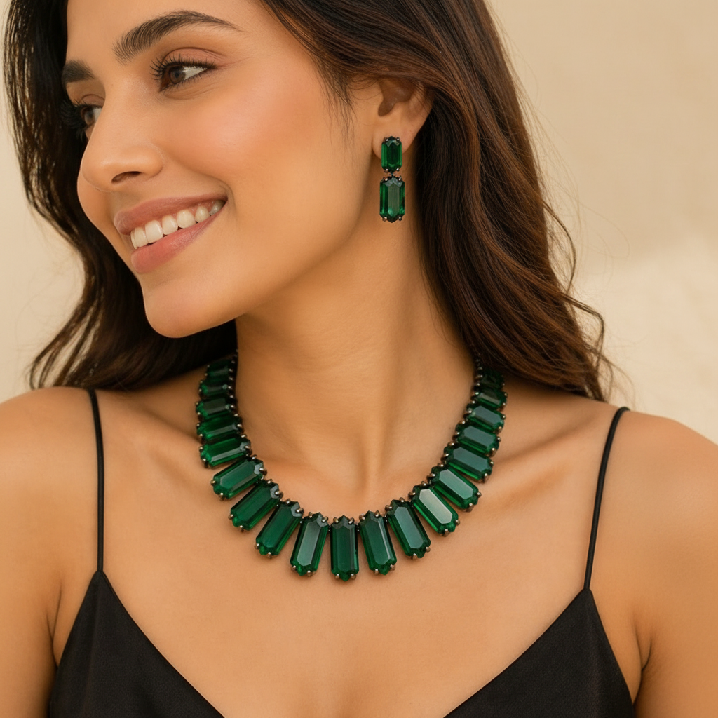 Woman wearing a green necklace and earrings against a beige background