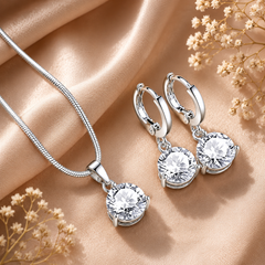 Round Crystal Pendant Necklace & Hoop Earrings Set for Women – Elegant Statement Jewelry Set