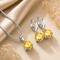 Round Crystal Pendant Necklace & Hoop Earrings Set for Women – Elegant Statement Jewelry Set