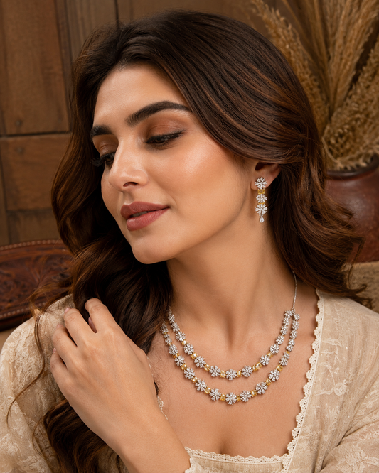 Yellow Crystal Floral American Diamond Necklace Set for Women | The Mirage Fashion