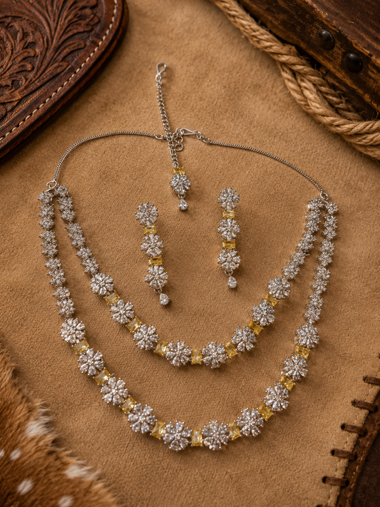 Yellow Crystal Floral American Diamond Necklace Set for Women | The Mirage Fashion