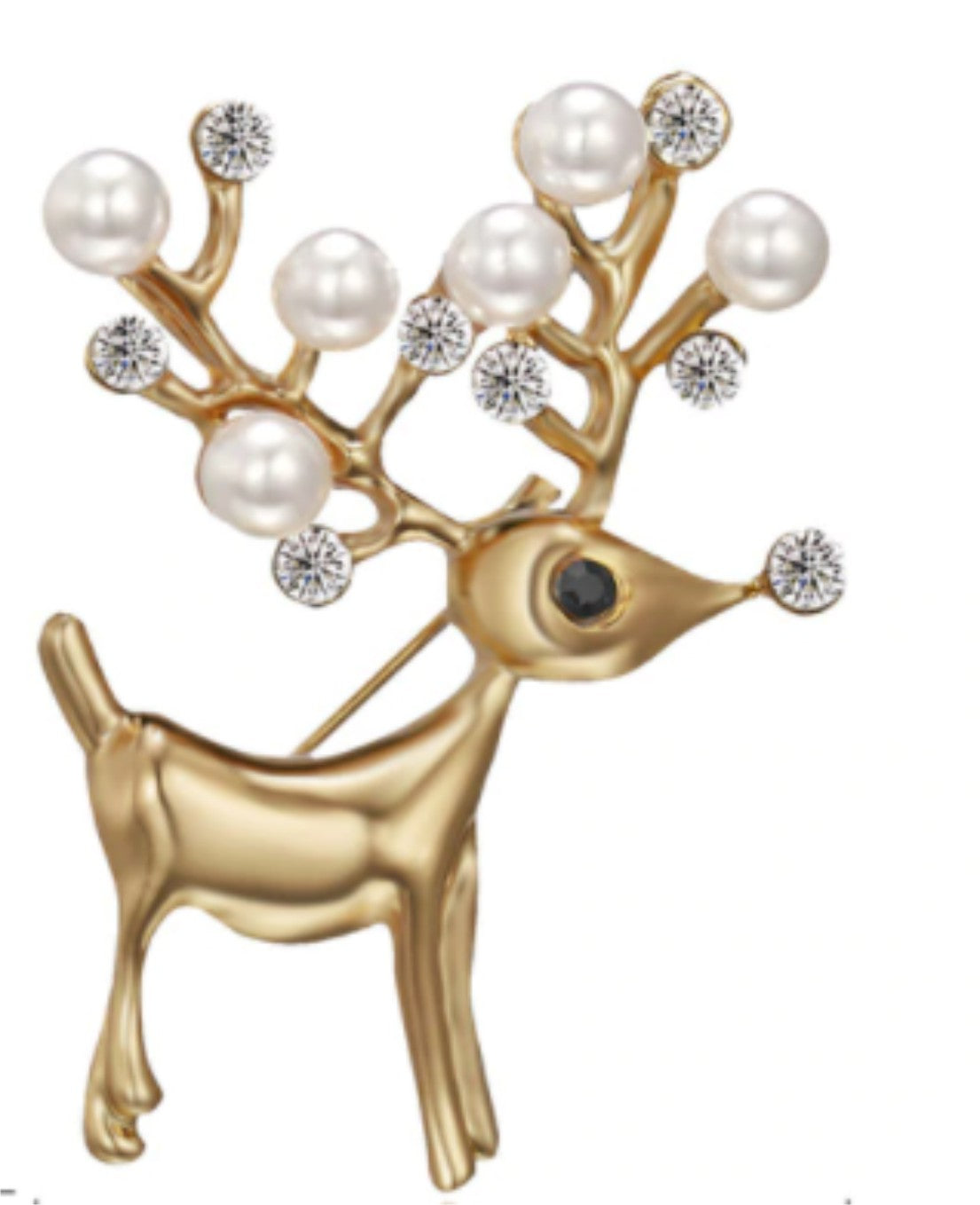 Gold Deer Brooch with Pearl Antlers – Elegant Crystal Reindeer Lapel Pin for Women