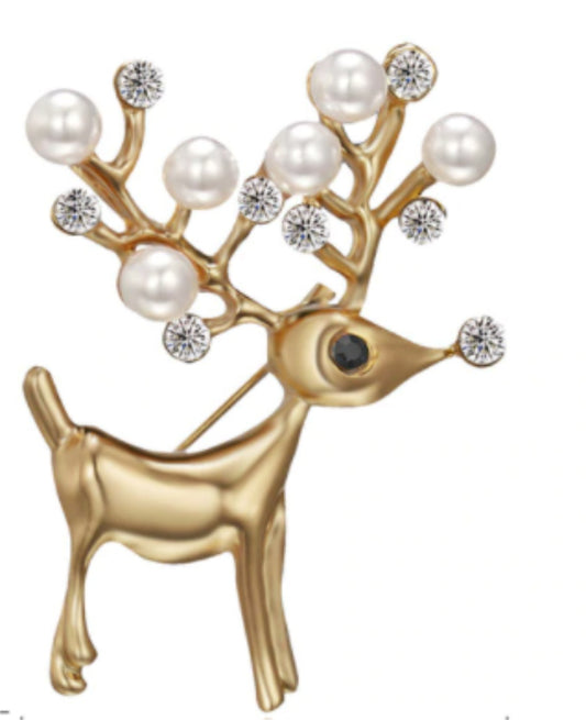 Gold Deer Brooch with Pearl Antlers – Elegant Crystal Reindeer Lapel Pin for Women