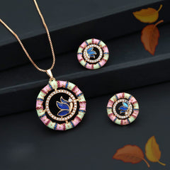 Multicolor Enamel Lotus Pendant Set with Earrings | Rose Gold CZ Designer Necklace Set for Women