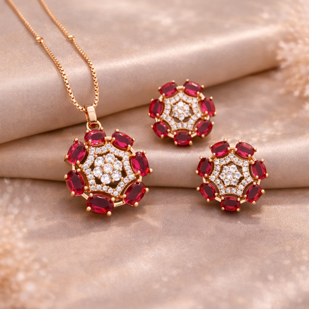 Ruby Red Stone Floral Pendant Set with Matching Stud Earrings