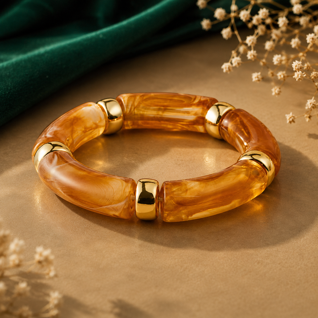 Amber brown chunky bangle for women with gold-tone accents