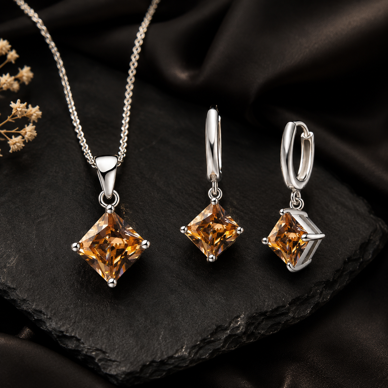 Amber square-cut stone necklace and matching earrings set for women